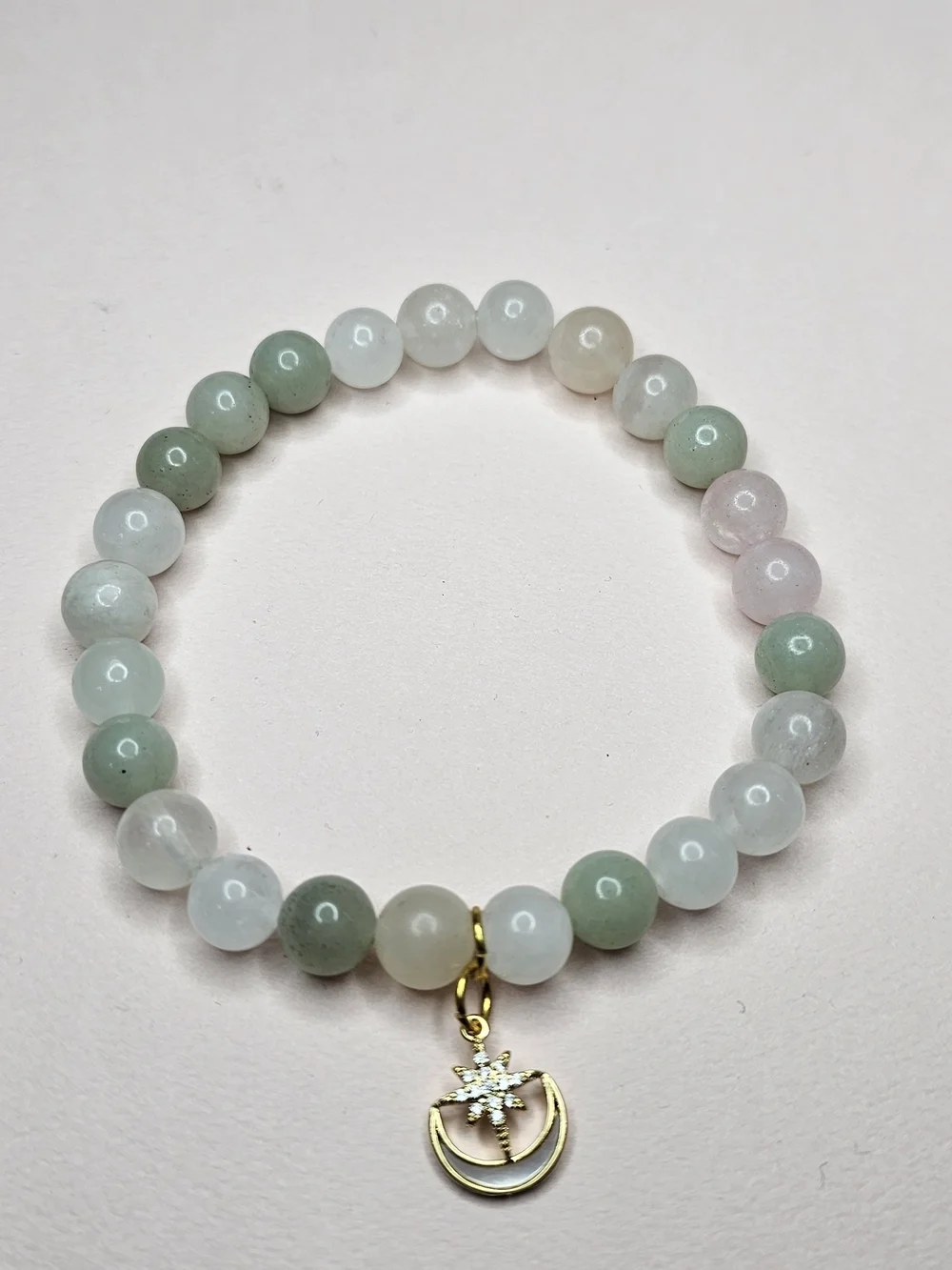 Gold Star & Crescent Charm Beaded Bracelet in Green, White and Blush/rose Quartz